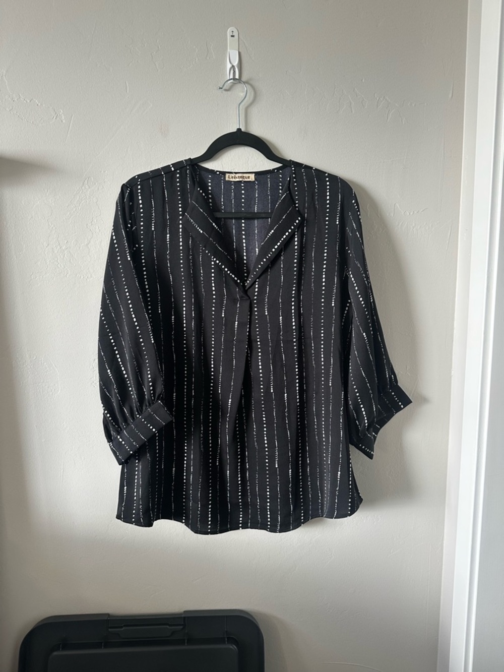 Vince Camuto Black Vertical-Stripe Notch Collar Blouse